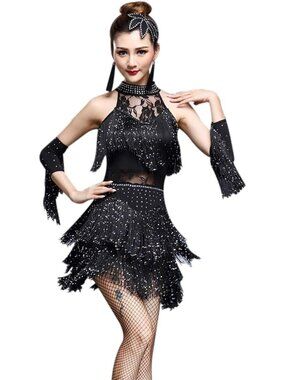 Black Fringe Latin Ballroom Dance Dress Rhinestone 4pc Competition Set Sz M-L